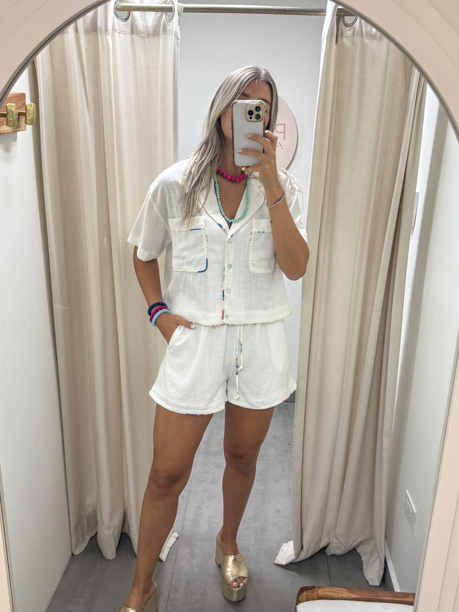 WHITE COLORFUL BORDER TOP & SHORTS SET
