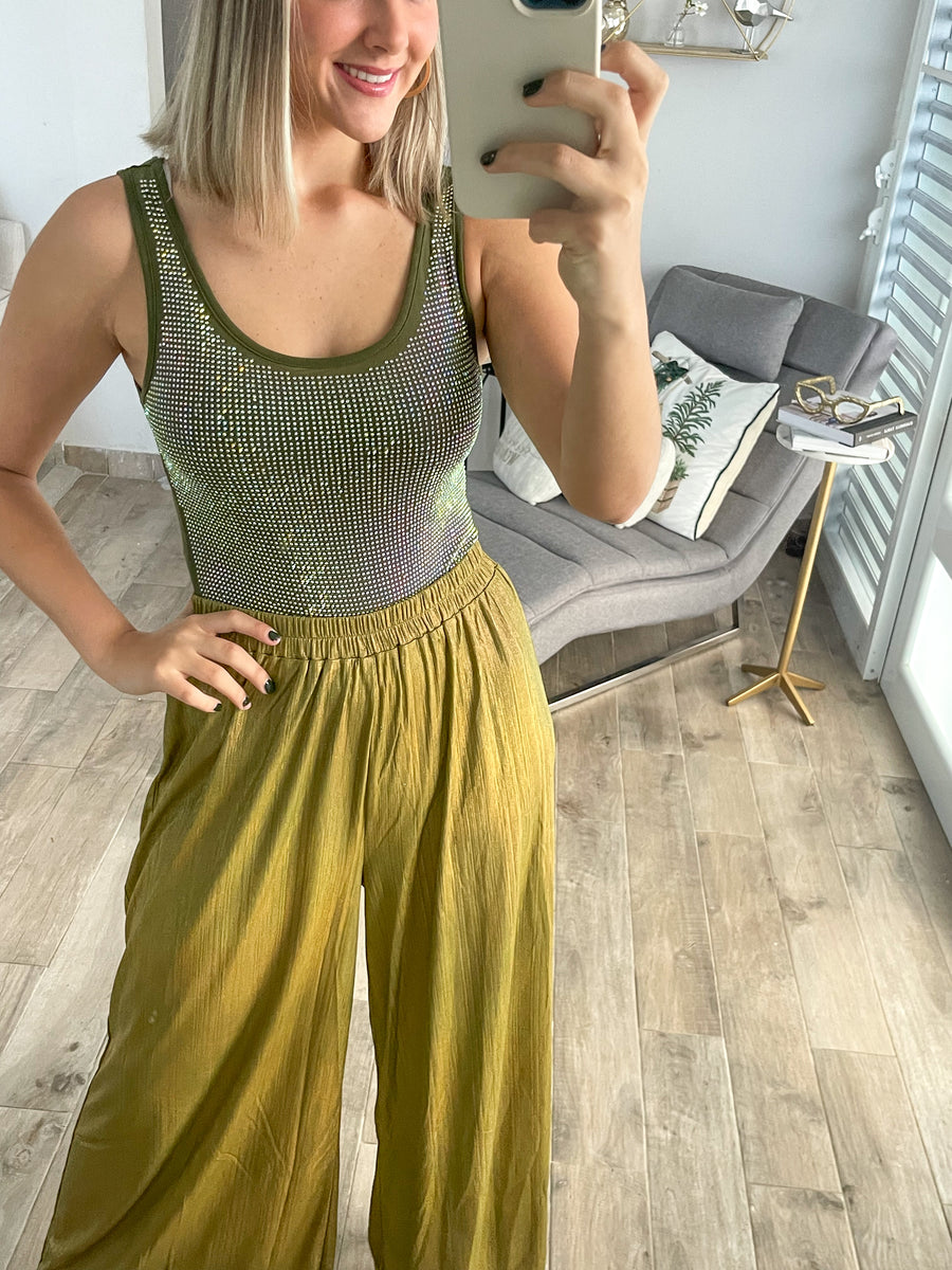 OLIVE RHINESTONES BODYSUIT