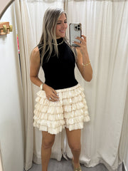 BLACK/CHAMPAGNE KNITTED RUFFLED DRESS