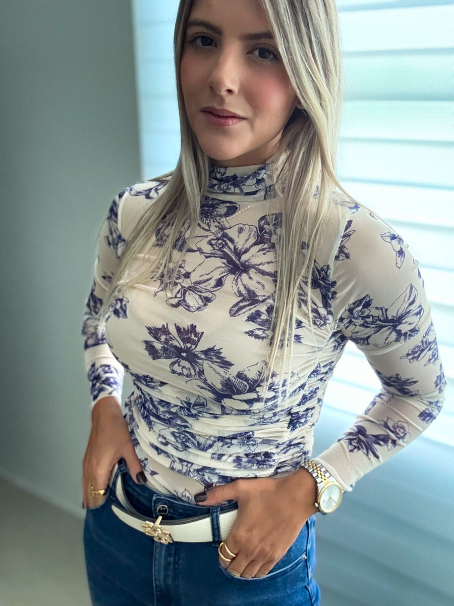 NAVY/IVORY PRINTED FLORAL MESH BODYSUIT