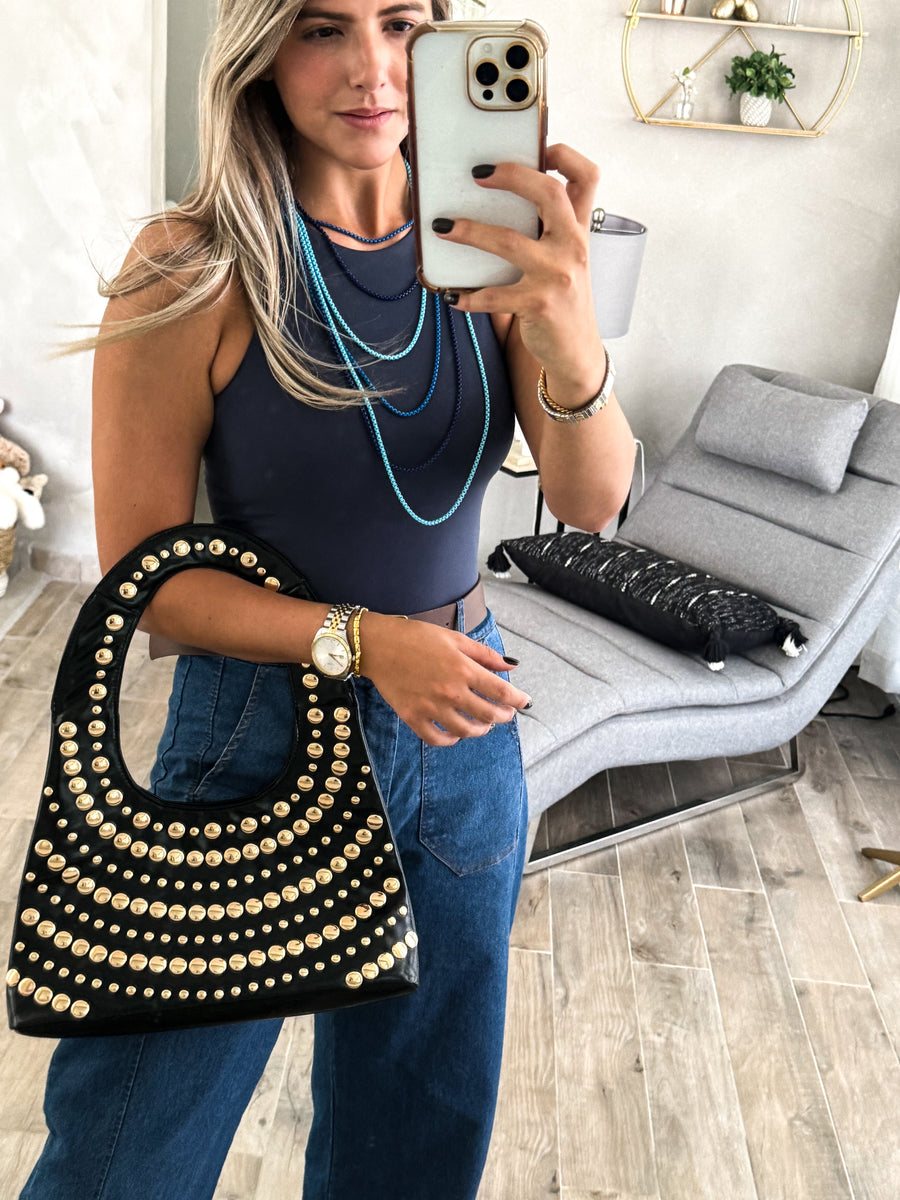 BLACK GOLD STUDDED SHOULDER BAG