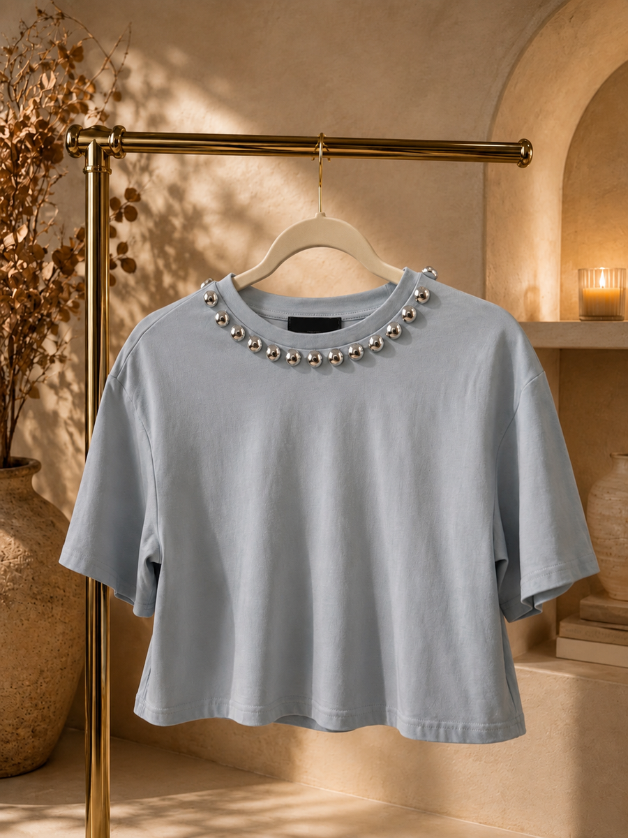BABY BLUE STUDDED CROP T-SHIRT