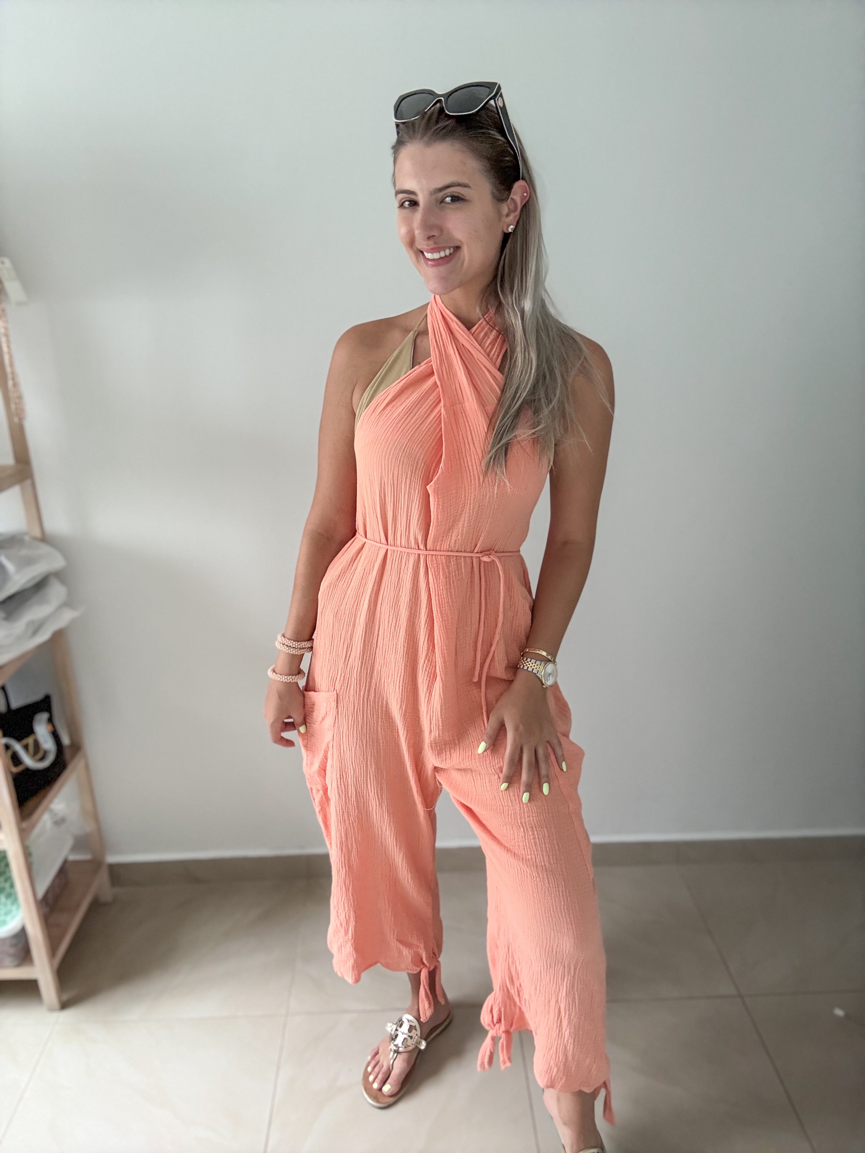 PEACH GAUZE HALTER JUMPSUIT