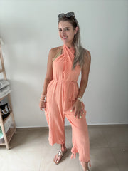 PEACH GAUZE HALTER JUMPSUIT