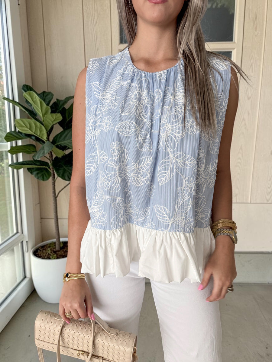 SKY BLUE/ WHITE EMBROIDED BLOUSE