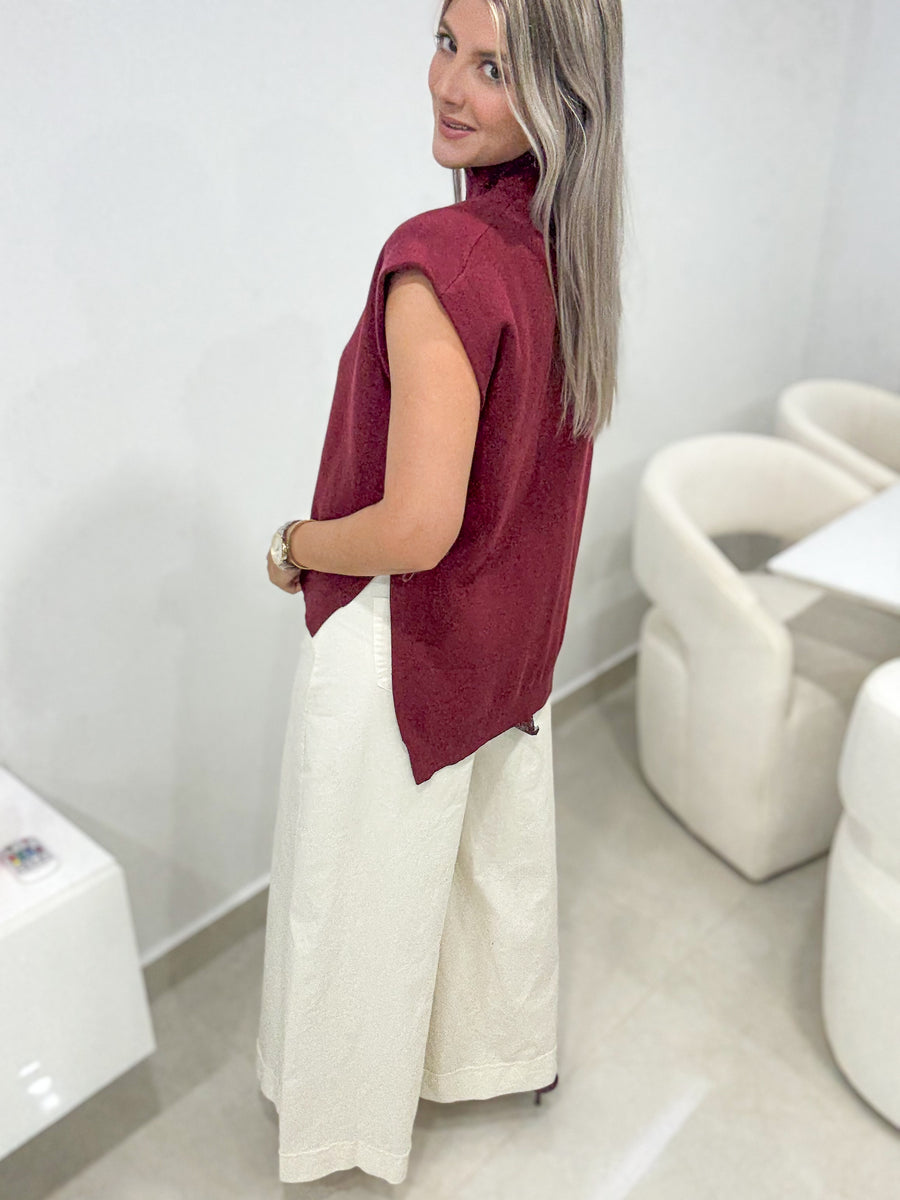 WINE MOCK NECK KNITTED BLOUSE