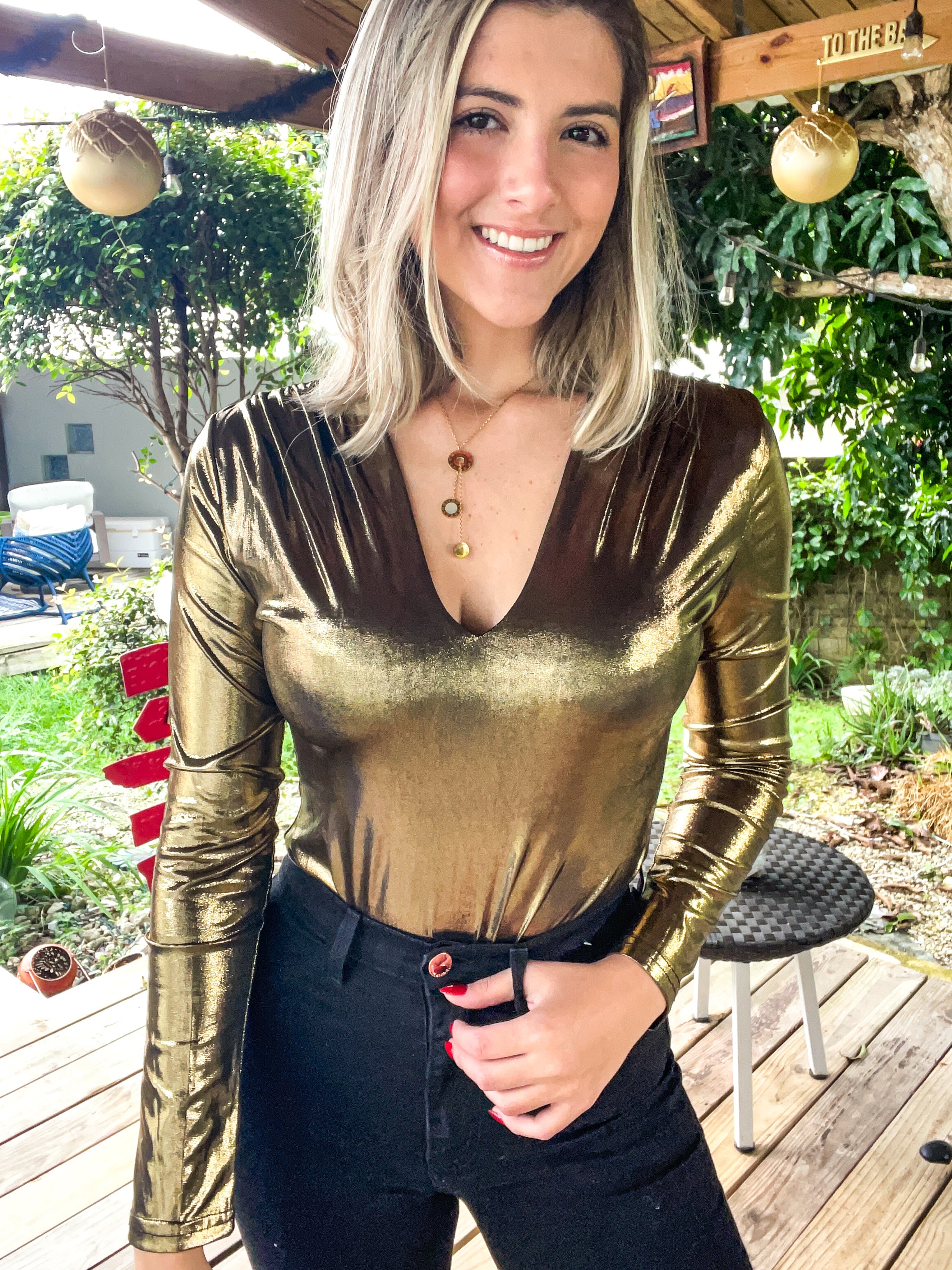 BRONZE METALLIC LONG SLEEVE BODYSUIT