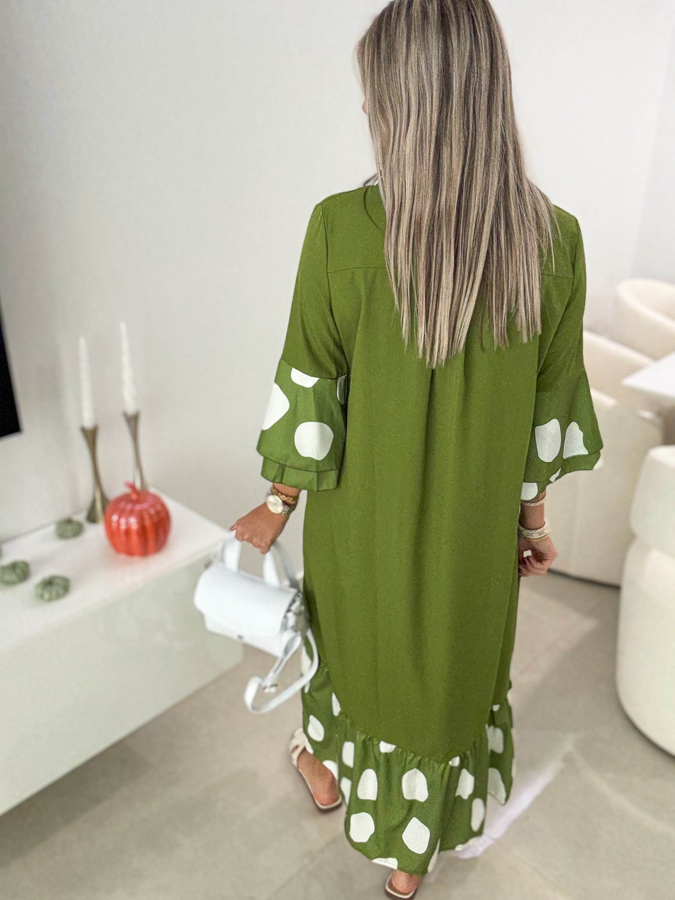 GREEN POLKA DOT DETAILED DRESS