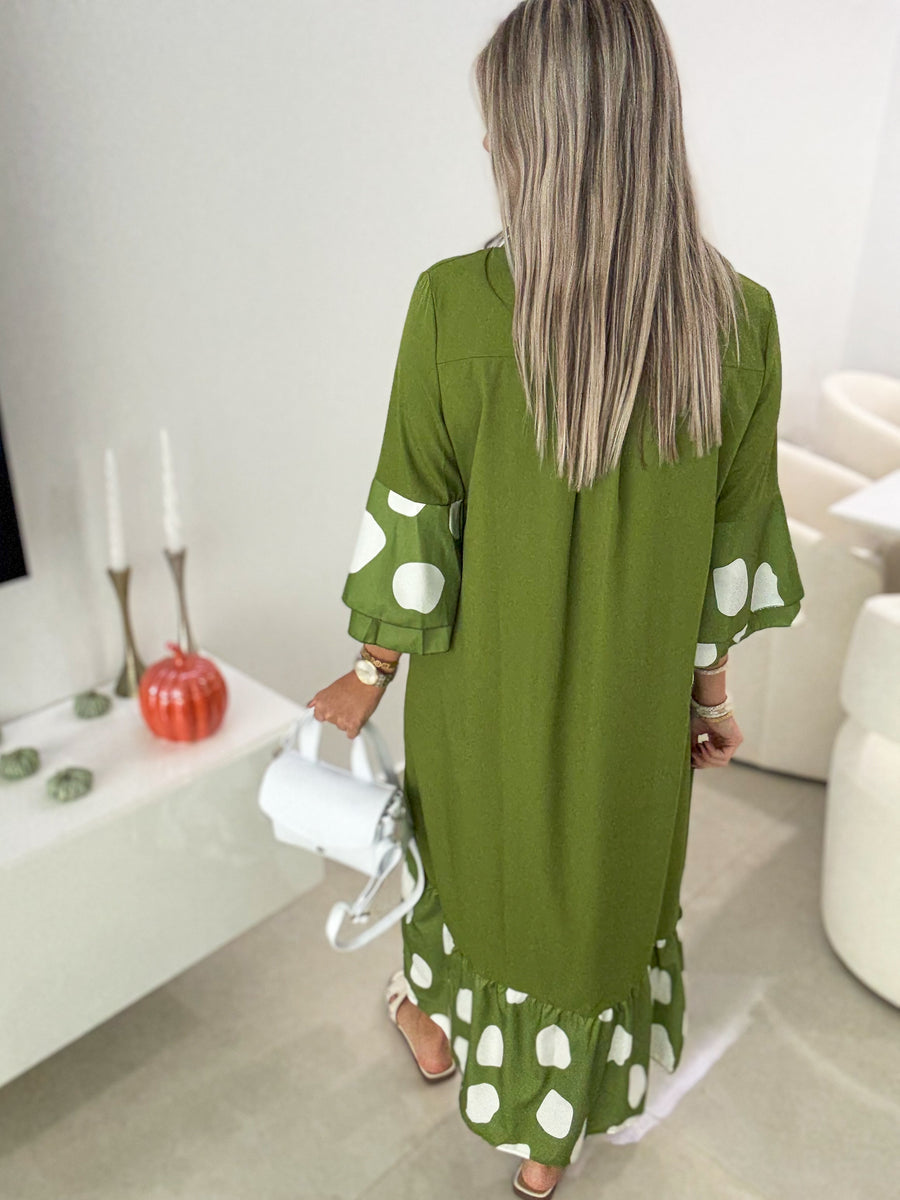 GREEN POLKA DOT DETAILED DRESS