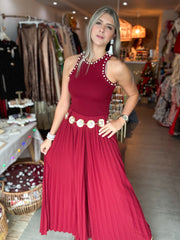 WINE PLEATED BELTED WIDE LEG PALAZZOS