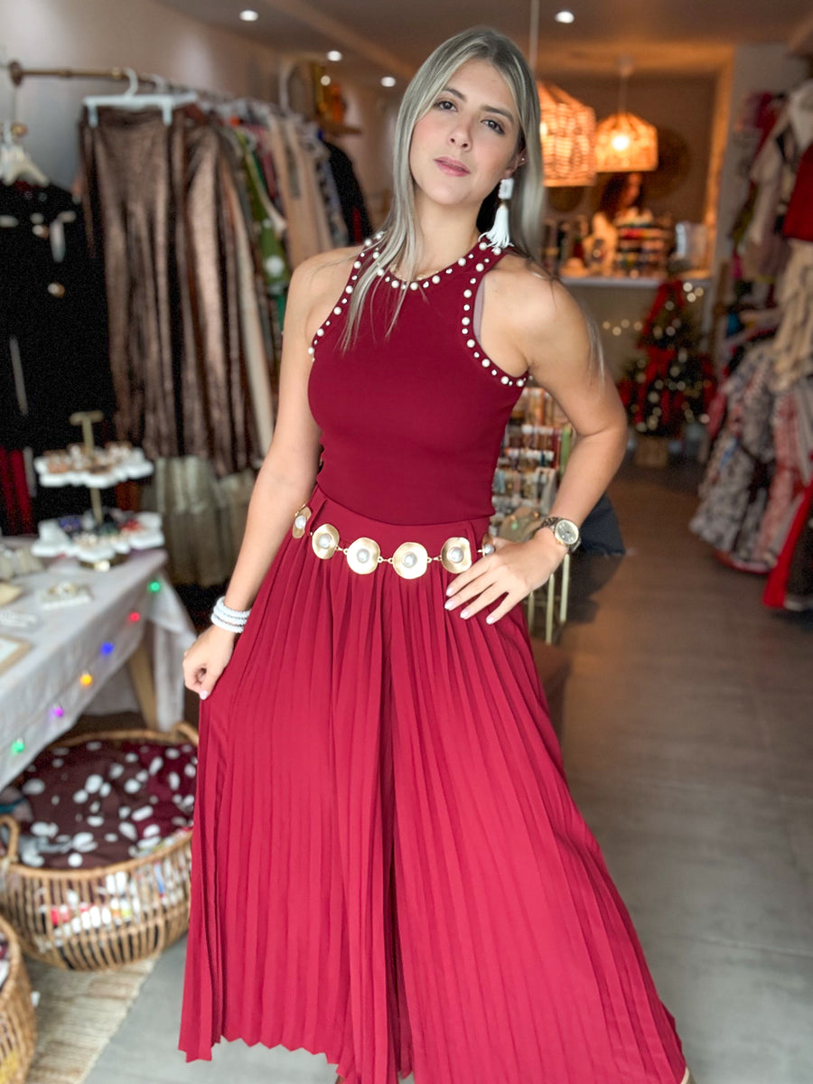WINE PLEATED BELTED WIDE LEG PALAZZOS