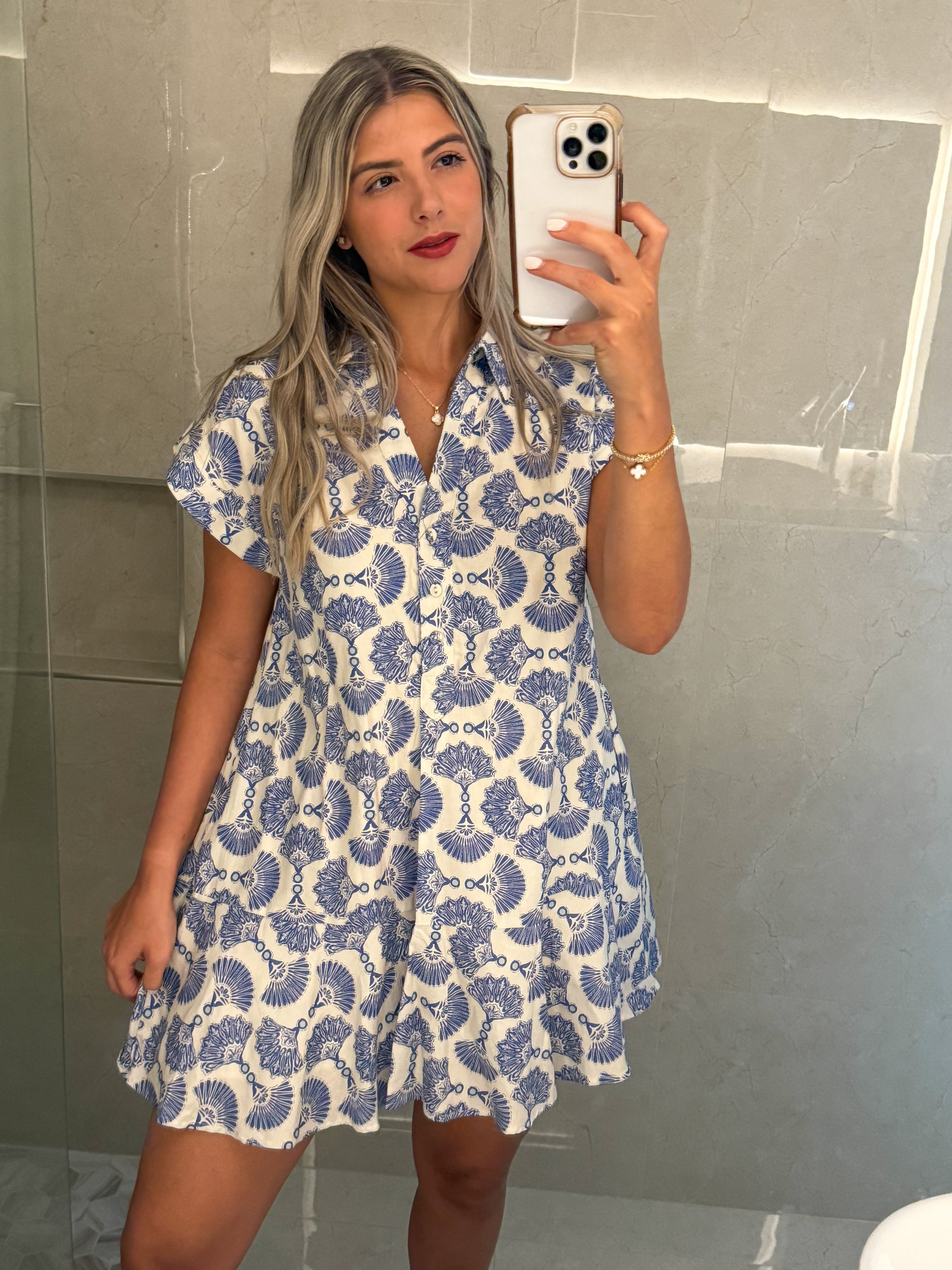 BLUE/WHITE PRINTED SHORT SLEEVES DRESS