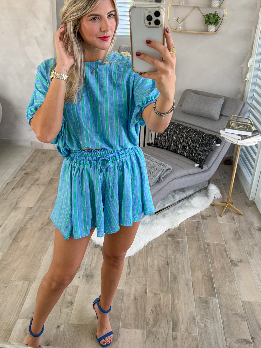 BLUE/GREEN TOP & SHORTS SET
