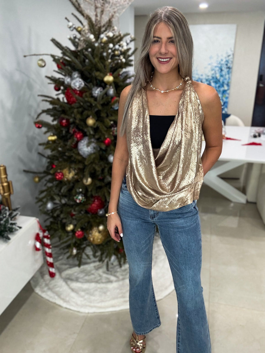 GOLD METALLIC HALTER COWL BLOUSE