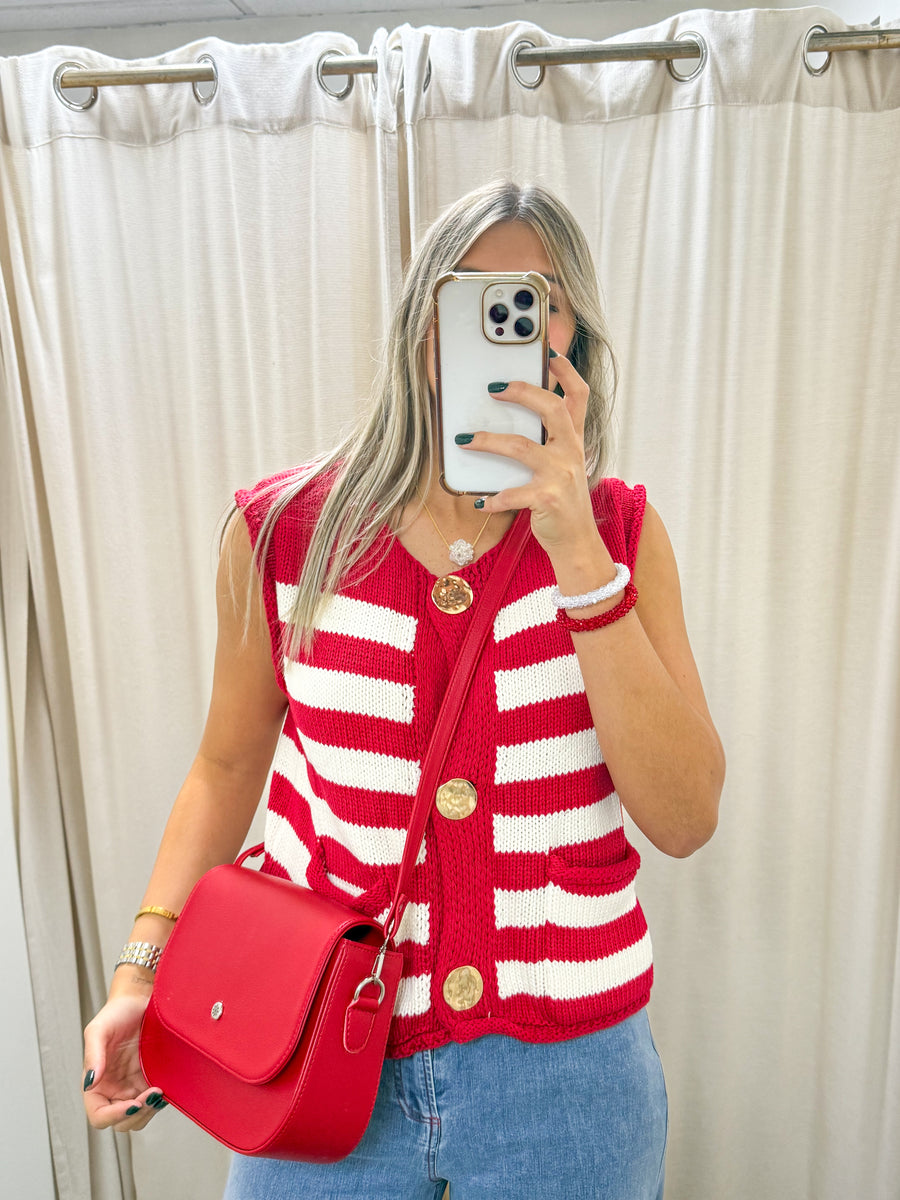 RED/WHITE STRIPED GOLD BUTTON WOVEN BLOUSE