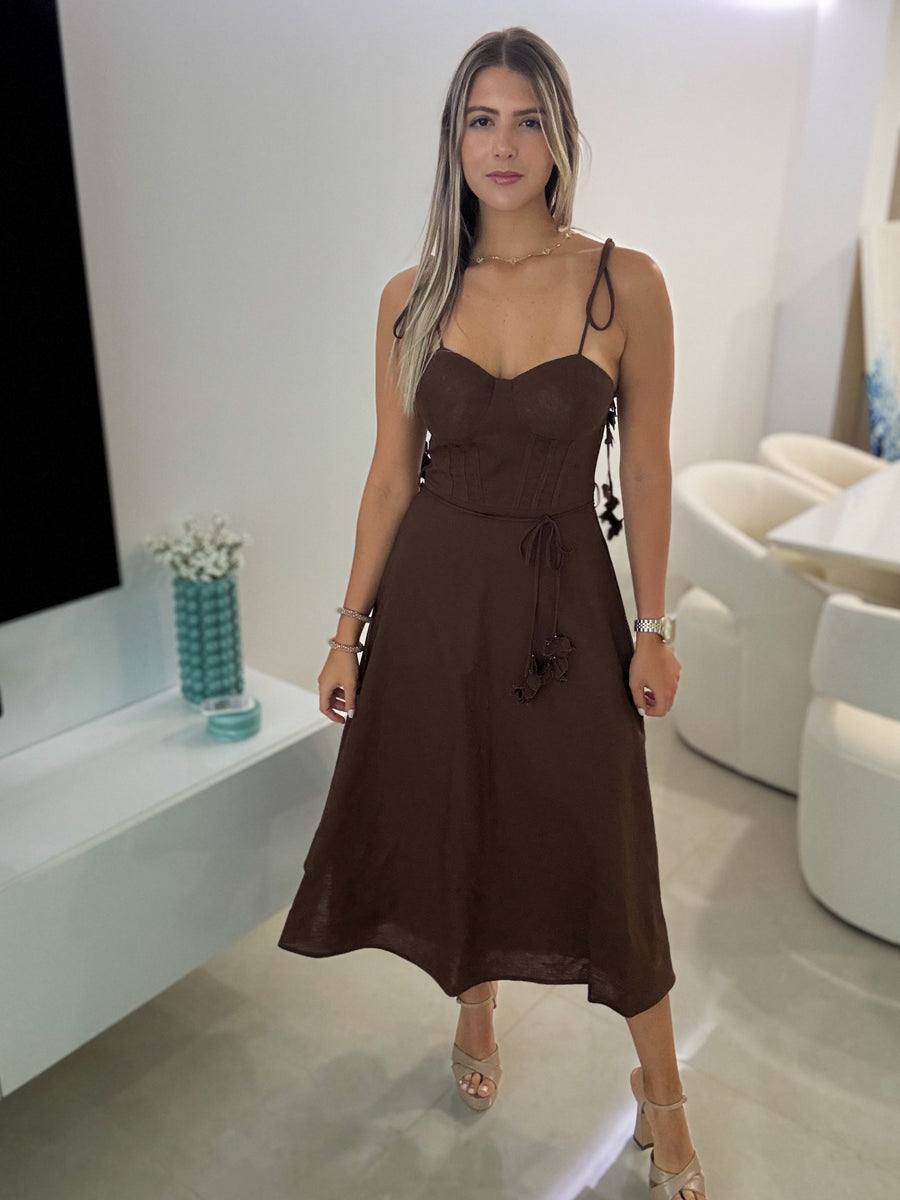 BROWN DREAMY BUSTIER MIDI DRESS