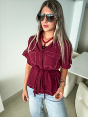 BURGUNDY ROPE BELTED BLOUSE