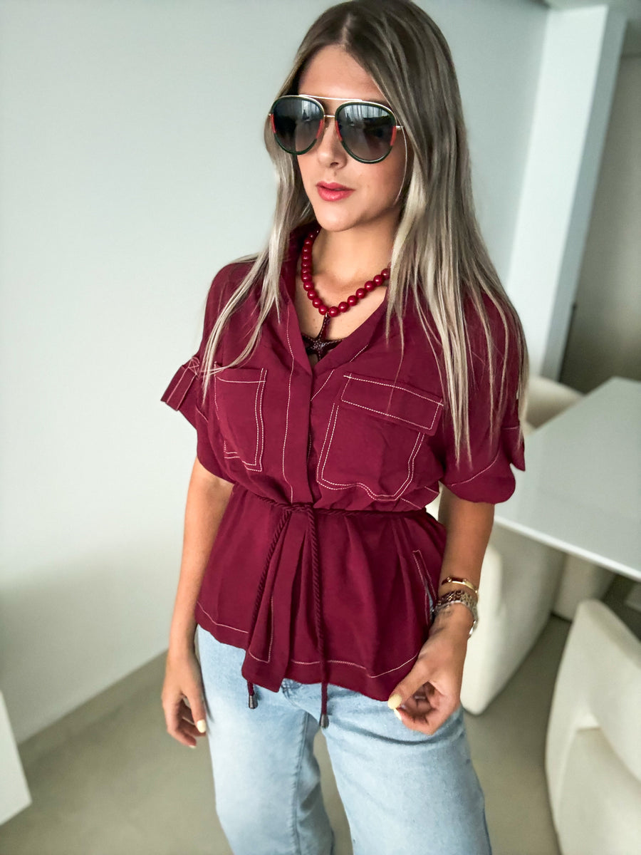 BURGUNDY ROPE BELTED BLOUSE