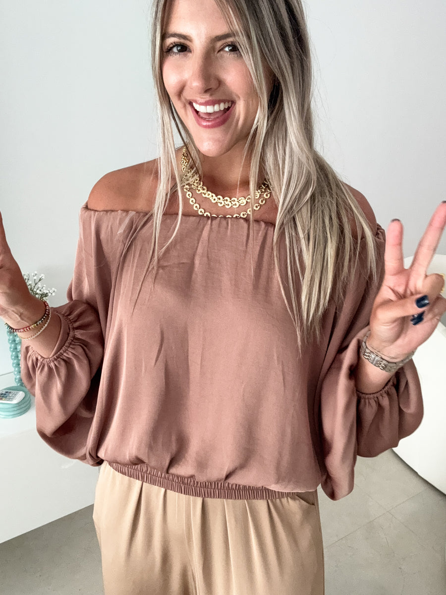 MOCHA SATIN OFF SHOULDER BLOUSE