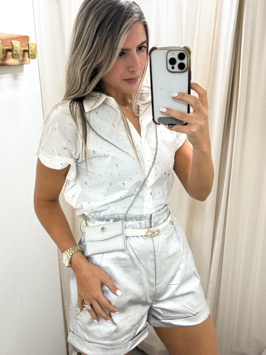 RHINESTONES BUTTONED SHORT SLEEVES TOP