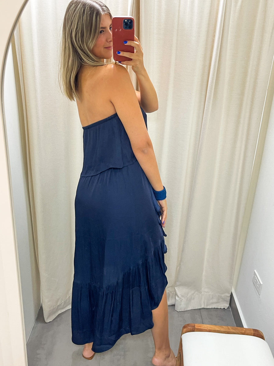 NAVY SATIN HIGH LOW DRESS