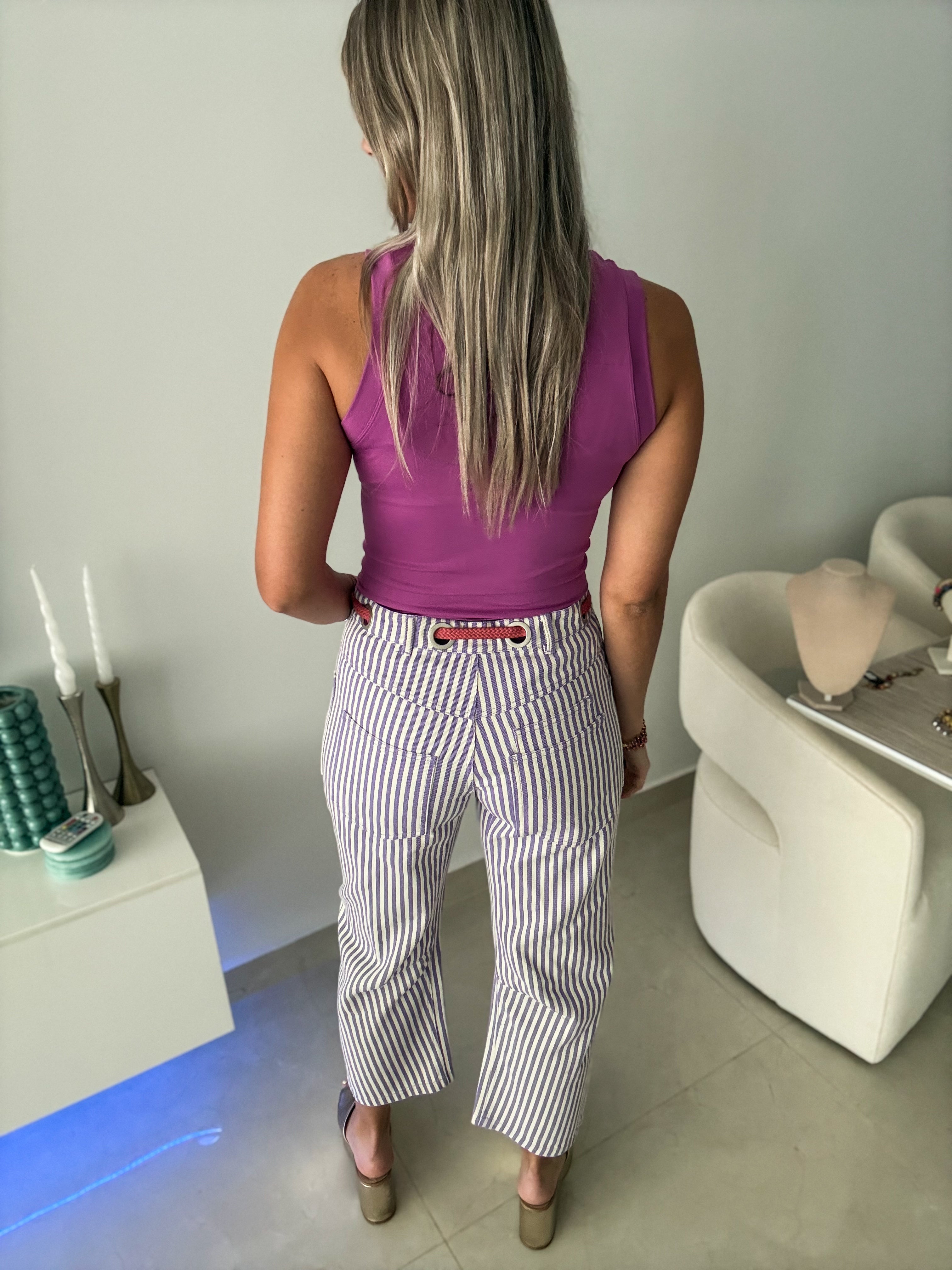 PURPLE STRIPED BARREL PANTS