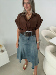 DENIM STRETCHY BELTED SKIRT