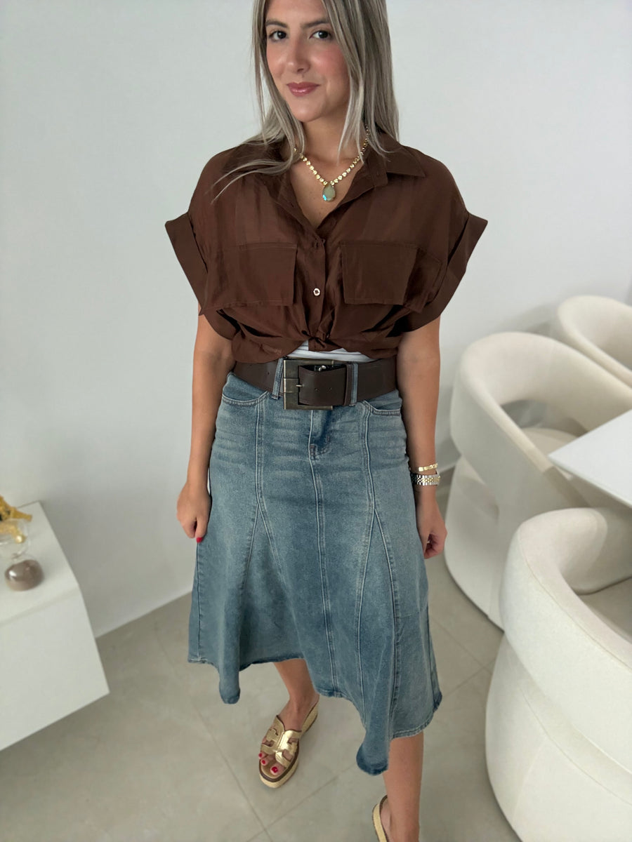 DENIM STRETCHY BELTED SKIRT
