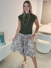 OLIVE PLEATED PRINTED DRESS