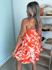 ORANGE PRINTED RUFFLE DRESS