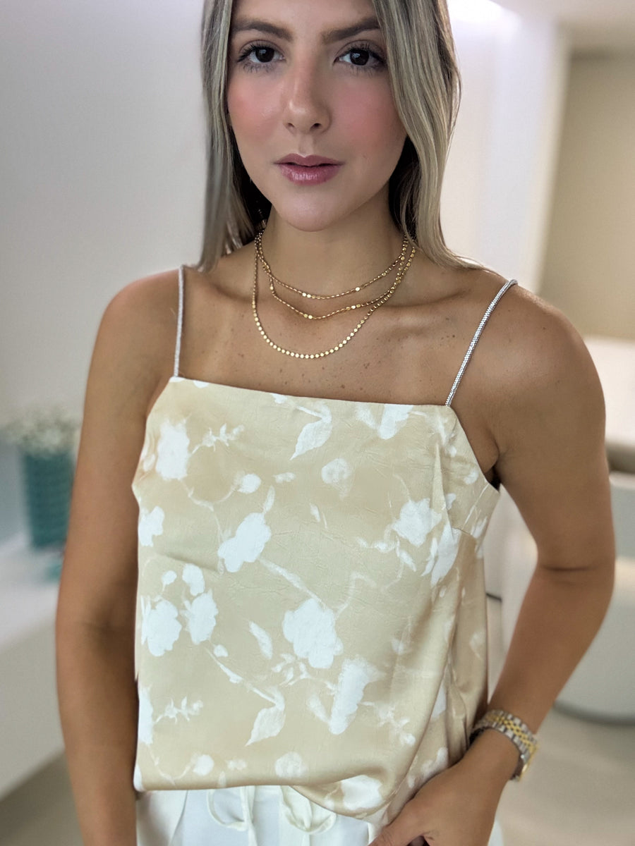 RHINESTONE STRAP SATIN TOP