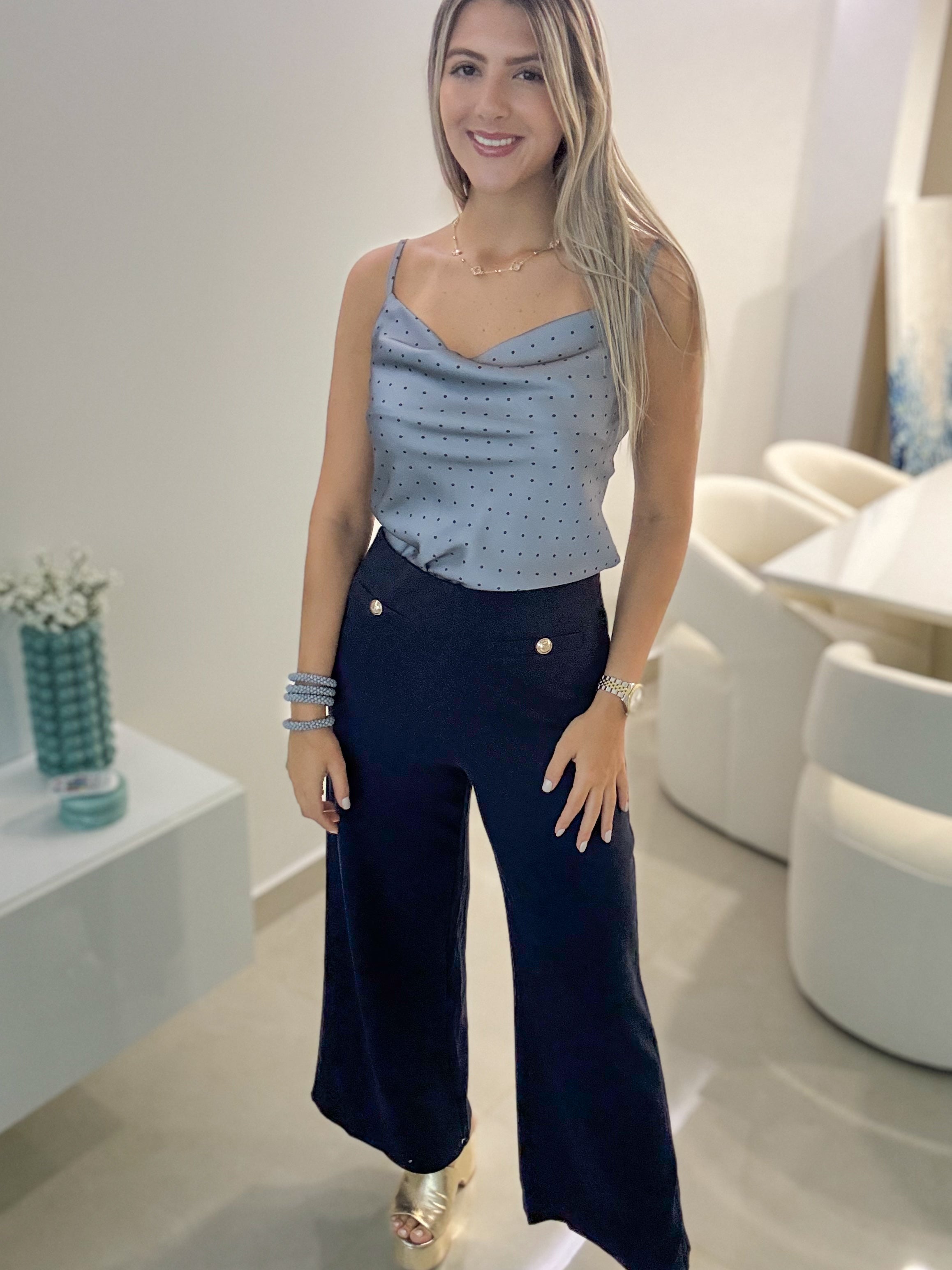 NAVY GOLD BUTTON DETAIL STRAIGHT-LEG PANTS