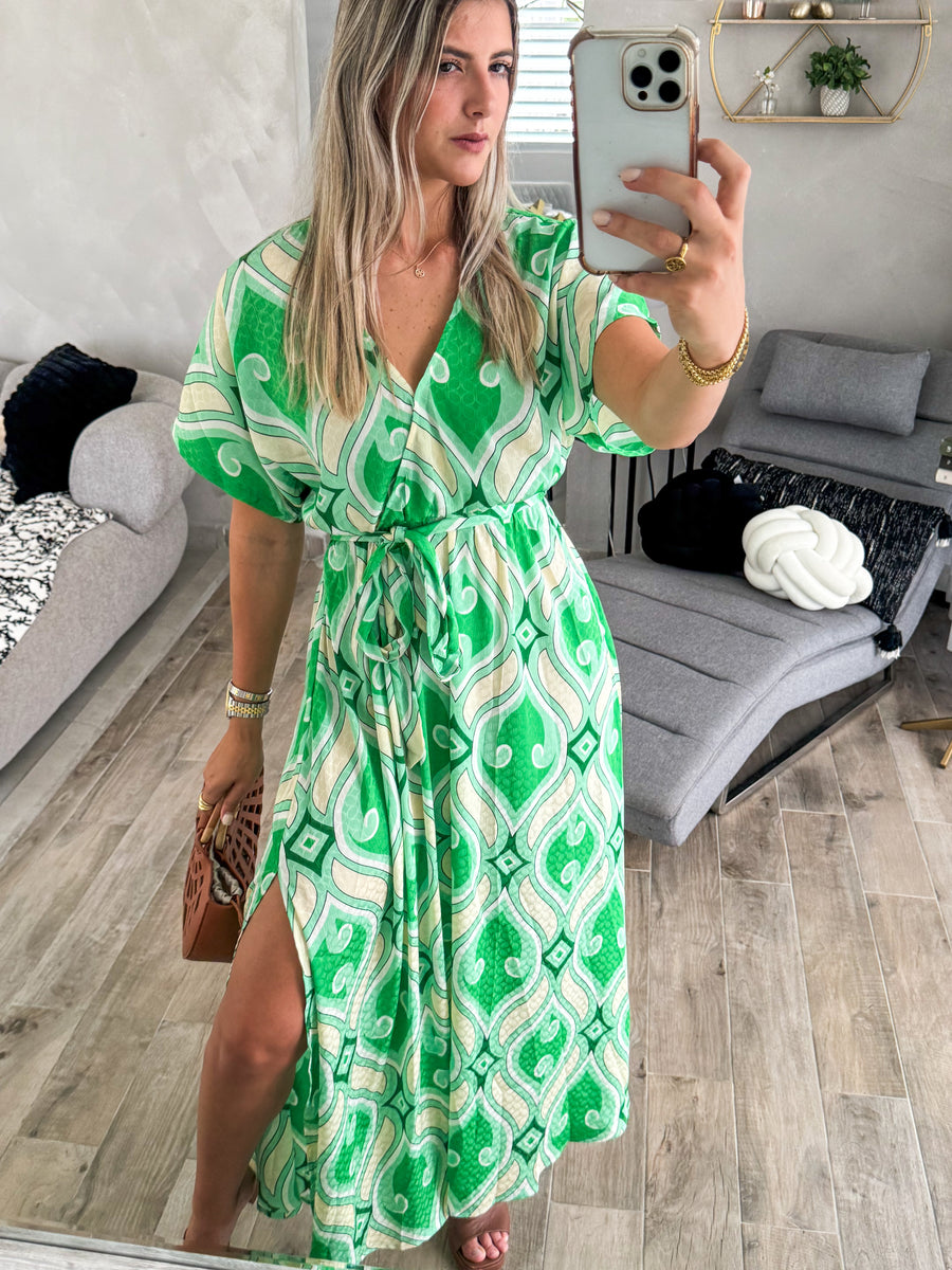 GREEN PRINT KIMONO SLEEVES MAXI DRESS