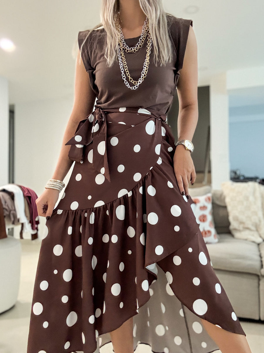 BROWN POLKA DOT WRAP AROUND SKIRT