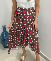 BROWN/WHITE POLKA DOT HEART WRAP AROUND SKIRT