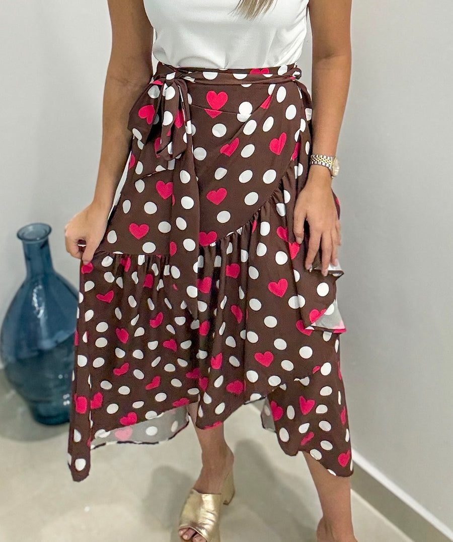 BROWN/WHITE POLKA DOT HEART WRAP AROUND SKIRT