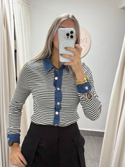 BLACK STRIPED DENIM LONG SLEEVE TRIM TOP