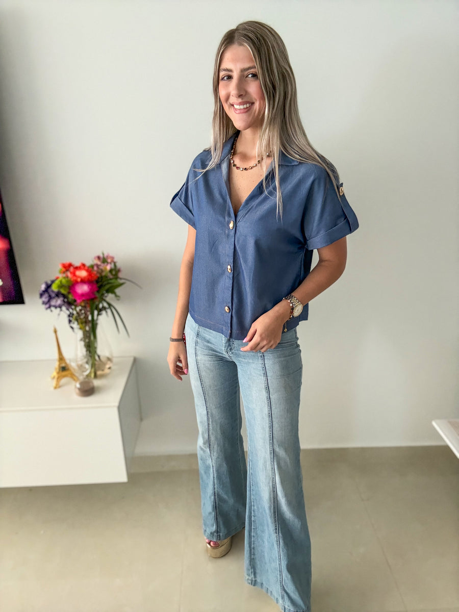 DENIM GOLD BUTTONED BLOUSE