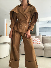 CAMEL CAPE LONG TRENCH JACKET & TAILORED PANT SET
