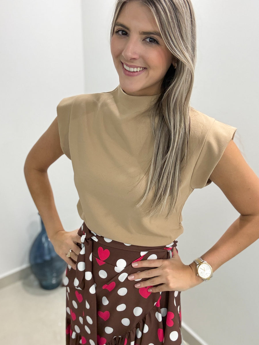 BEIGE MOCK NECK BLOUSE