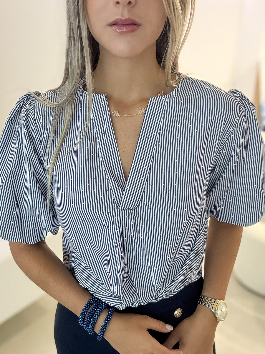 NAVY STRIPED RHINESTONES TIE-FRONT BLOUSE