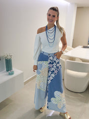 DENIM FLOWER PATCH WIDE LEG PANTS