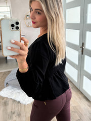 BLACK ROSETTE V-NECK BLOUSE