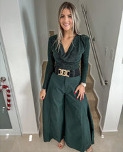 HUNTER GREEN METALLIC LONG SLEEVE COWL NECK BLOUSE