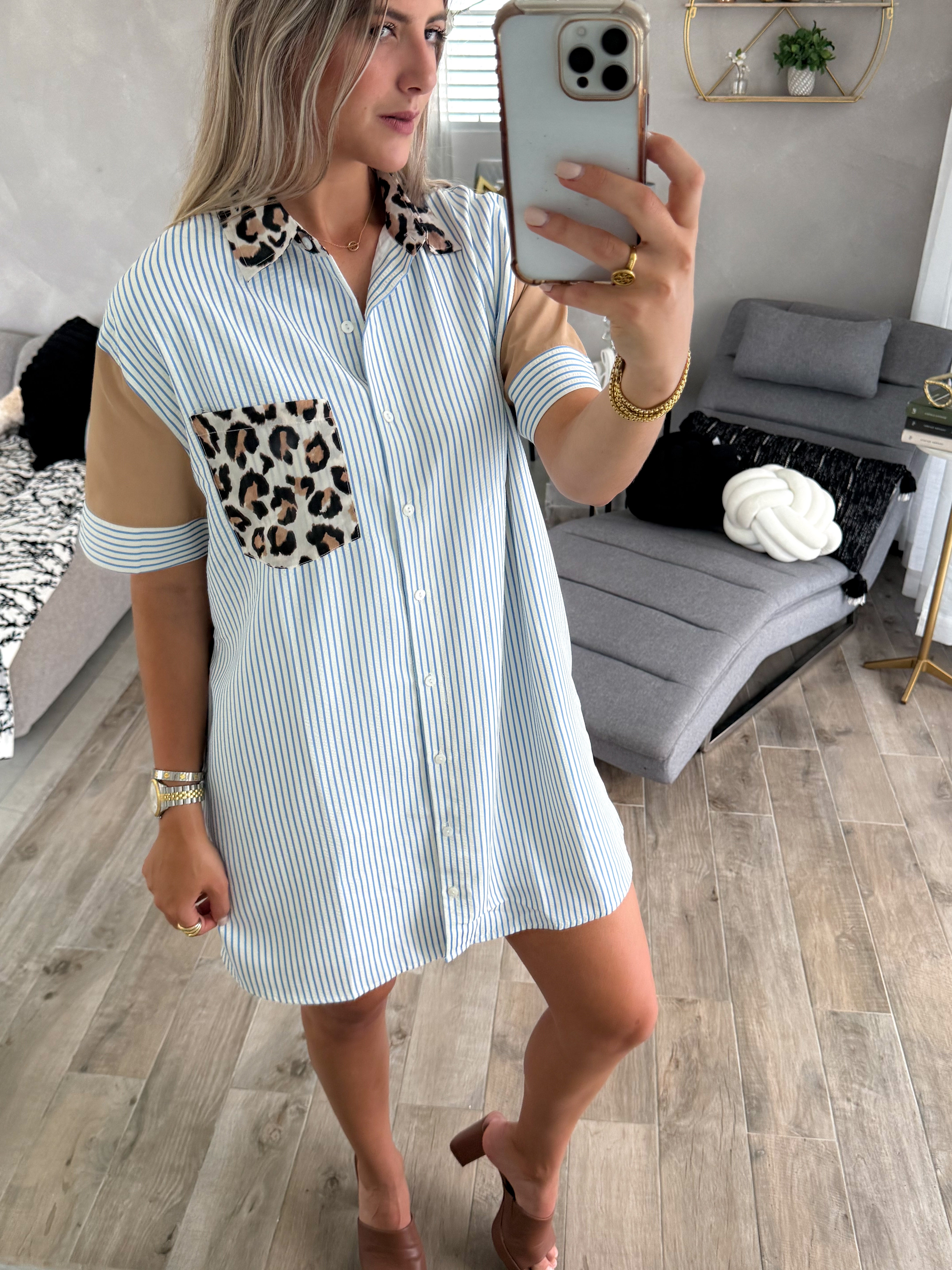 LEOPARD/BLUE SHORT SLEEVE DRESS