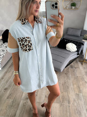 LEOPARD/BLUE SHORT SLEEVE DRESS