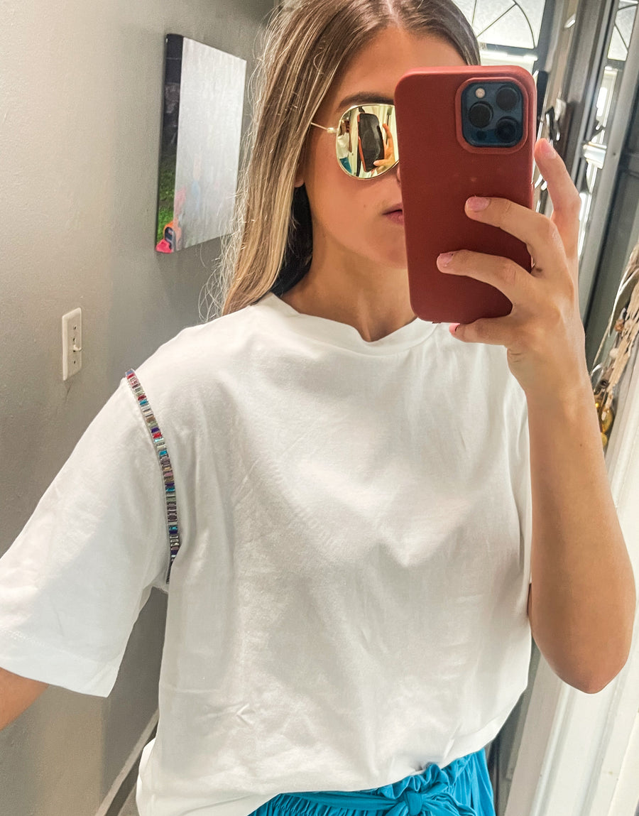 WHITE MULTICOLOR RHINESTONE TSHIRT
