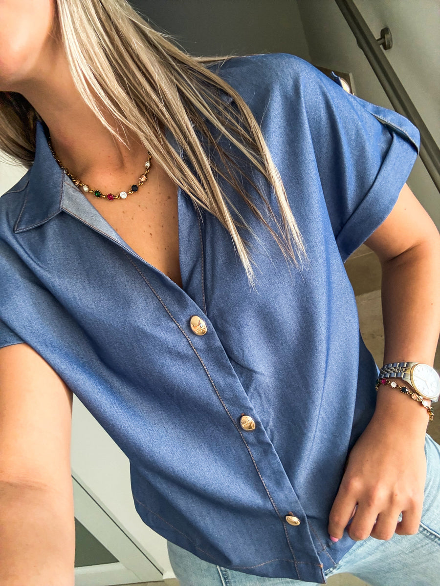 DENIM GOLD BUTTONED BLOUSE