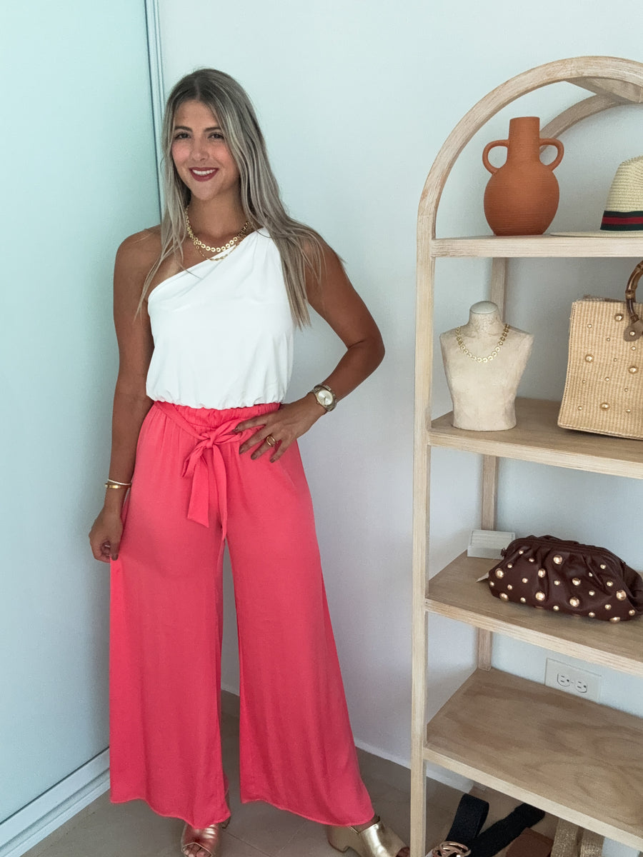 CORAL SILKY WIDE LEG PANTS