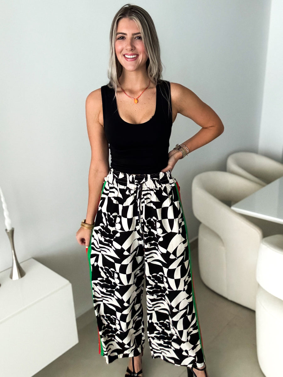 BLACK/NATURAL PRINTED NEON SIDE TRACK LINES PANTS